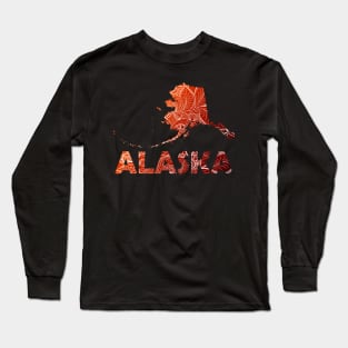 Colorful mandala art map of Alaska with text in brown and orange Long Sleeve T-Shirt